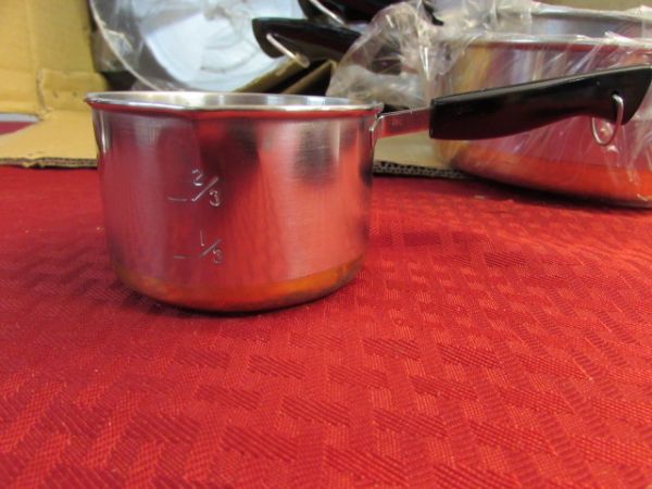 NEVER USED SET OF COPPER BOTTOM COOKWARE
