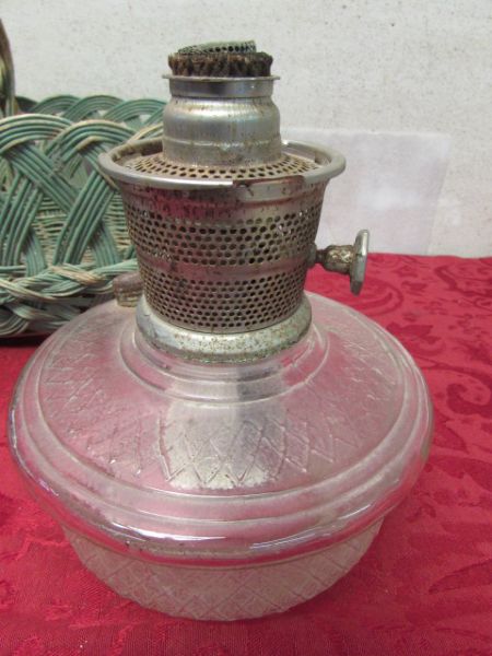 ANTIQUE HURRICANE LAMP, CAMP STOVES & VINTAGE BASKET