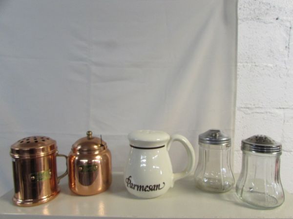 PANTRY CUPBOARD FULL OF CANISTERS, FLAVORING EXTRACTS, COPPER MOLD  & MORE