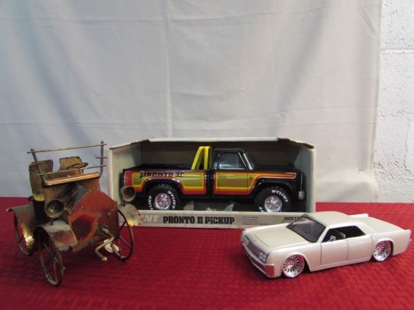  VINTAGE PRONTO II PICKUP, DIE-CAST LINCOLN TOWNE CAR & A MUSIC BOX MODEL T