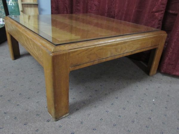 OAK COFFEE TABLE &  PROTECTIVE GLASS TOP