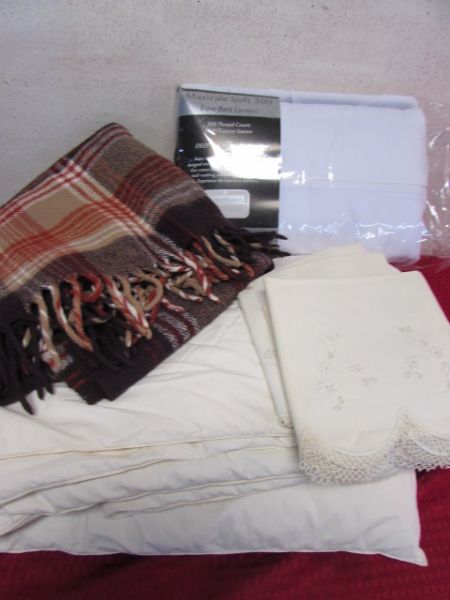 NEW CAL-KING SHEETS, DOWN COMFORTER, WOOL THROW & LACE EDGE PILLOWCASES