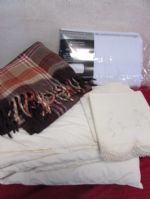 NEW CAL-KING SHEETS, DOWN COMFORTER, WOOL THROW & LACE EDGE PILLOWCASES