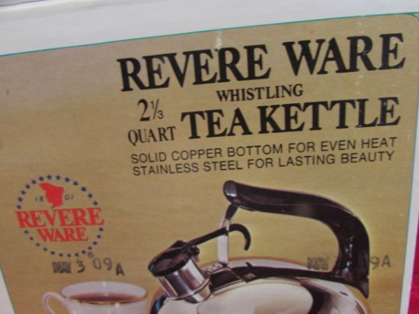 NIB PYREX WARE CANISTERS & REVERE WARE COPPER BOTTOM TEA KETTLE