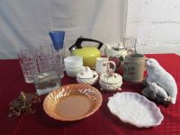 ECLECTIC ASSORTMENT OF GOODIES! ANCHOR HOCKING FIRE-KING DISH, MILK GLASS PLATE & MORE