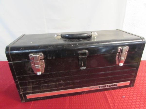 NICE CRAFTSMAN TOOL BOX WITH VARIOUS TOOLS, ROAD FLARES & MORE