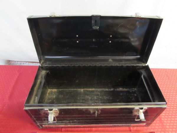 NICE CRAFTSMAN TOOL BOX WITH VARIOUS TOOLS, ROAD FLARES & MORE