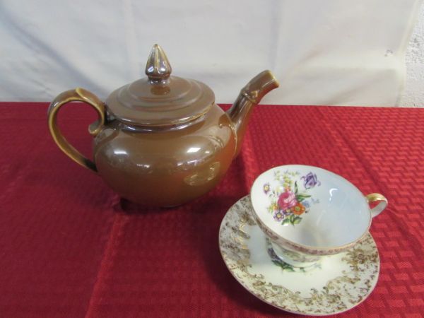 HAND PAINTED TEACUP & SAUCER, SILVER PLATED GOBLETS & LADLE & MORE
