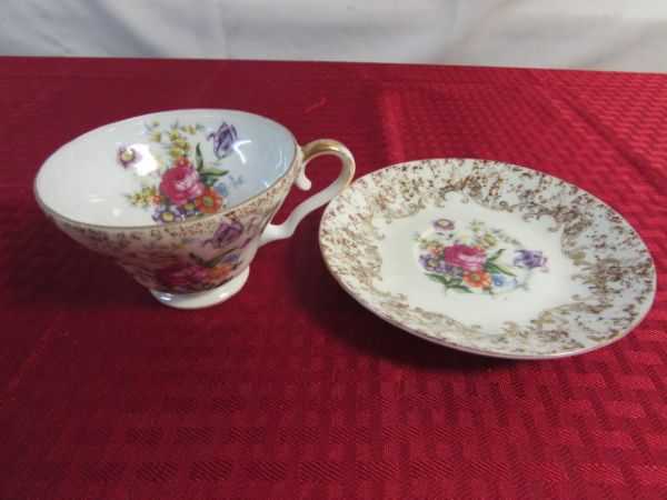 HAND PAINTED TEACUP & SAUCER, SILVER PLATED GOBLETS & LADLE & MORE