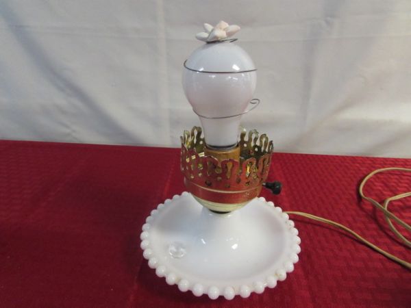 BEAUTIFUL MILK GLASS HURRICANE STYLE LAMP & MORE!