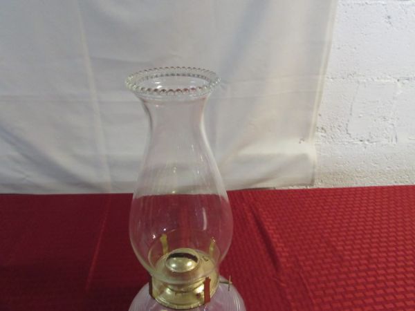 3 LOVELY VINTAGE GLASS HURRICANE LAMPS WITH OIL