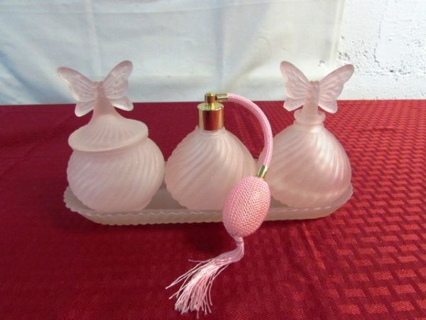 BEAUTIFUL PINK GLASS VANITY ACCESSORIES & MORE!