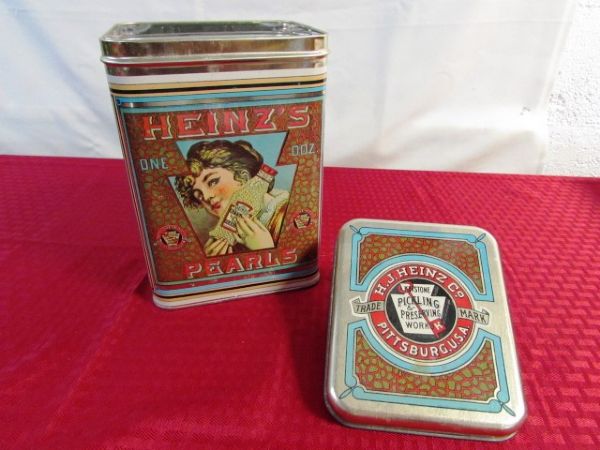 COLLECTION OF DECORATIVE TIN CANISTERS & TANG CANISTER JARS.