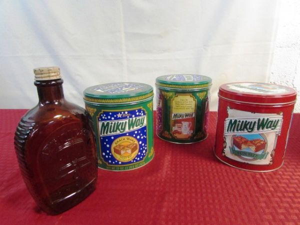 COLLECTION OF DECORATIVE TIN CANISTERS & TANG CANISTER JARS.