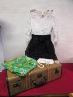 AMAZING VINTAGE SUITCASE  WITH VINTAGE DRESSES, BEADED PURSE & JEWELRY