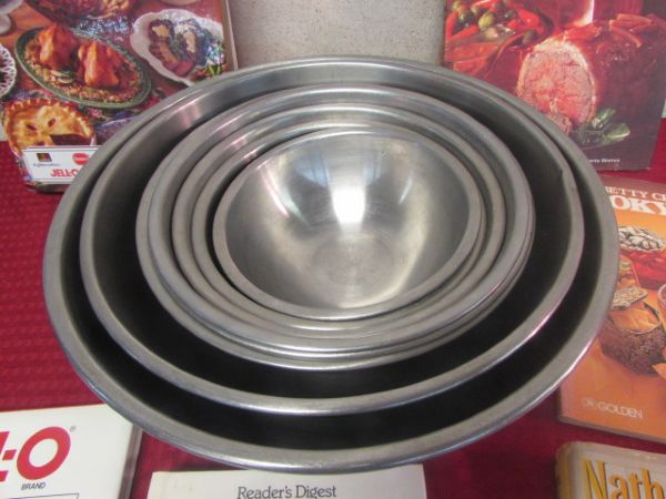 EIGHT STAINLESS MIXING BOWLS, HOUSEHOLD TIPS & COOKBOOKS