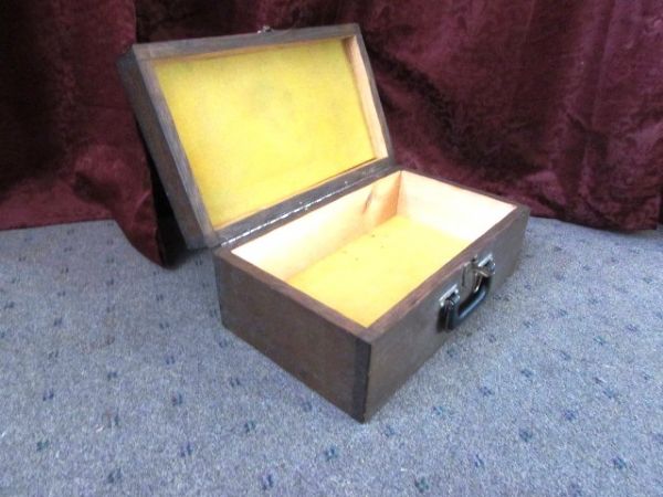 WOODEN BOX WITH HAMMERS, SCREWDRIVERS, AND PLIERS.