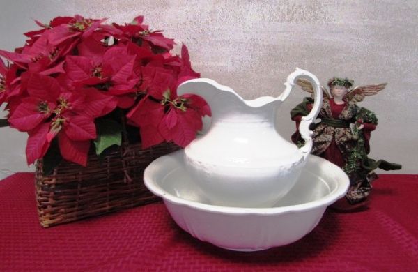 ANTIQUE CHINA PITCHER & BASIN WITH BASKET OF POINSETTIAS