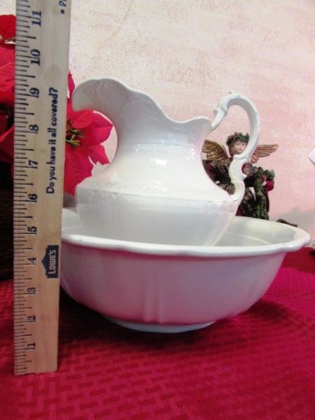ANTIQUE CHINA PITCHER & BASIN WITH BASKET OF POINSETTIAS