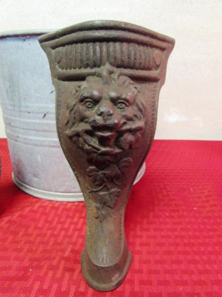 VINTAGE MOP BUCKET, CAST IRON LION FOOT & STOVE PIPE COVER