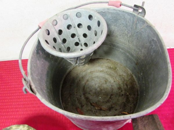 VINTAGE MOP BUCKET, CAST IRON LION FOOT & STOVE PIPE COVER