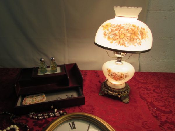 VINTAGE HURRICANE STYLE LAMP, CLOCK, JEWELRY BOX & MORE