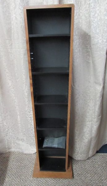 TALL CD/DVD CABINET WITH KNICK KNACKS & FIBER OPTIC HOLIDAY DISPLAY