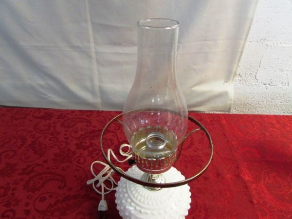 MILK GLASS HURRICANE LAMP, VASES, LEAD CRYSTAL CLOCK & MORE