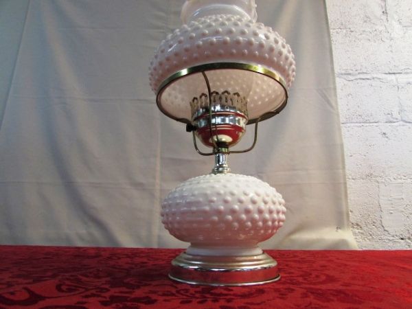 MILK GLASS HURRICANE LAMP, VASES, LEAD CRYSTAL CLOCK & MORE
