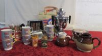 VINTAGE STAINLESS STEEL COFFEE MAKER, TOASTER, GLASS CARAFE, MUGS, TEAPOT & . . . . 