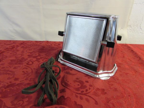 VINTAGE STAINLESS STEEL COFFEE MAKER, TOASTER, GLASS CARAFE, MUGS, TEAPOT & . . . . 