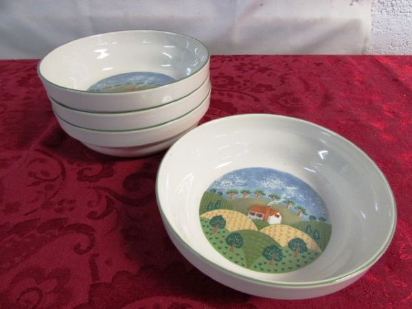 JUST DUCKY! COUNTRY COTTAGE DINNERWARE, PAPER TOWEL HOLDER, BURNER COVERS, FIGURINES & PICTURES