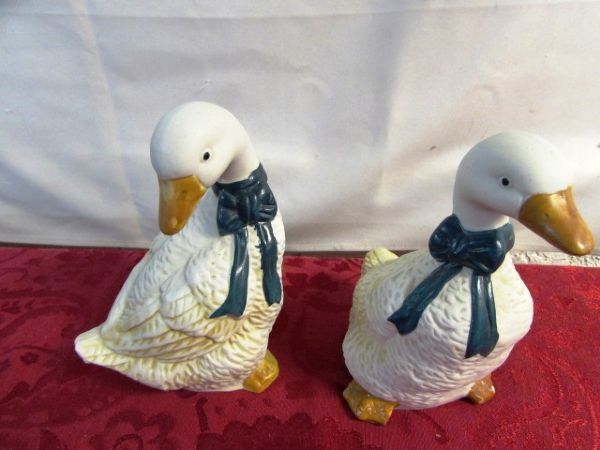 JUST DUCKY! COUNTRY COTTAGE DINNERWARE, PAPER TOWEL HOLDER, BURNER COVERS, FIGURINES & PICTURES