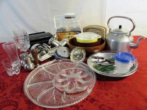 VINTAGE CAST IRON CORN MILL, HAND TURNED WOODEN BOWLS, SANDWHICH TOASTER,  & MUCH MORE