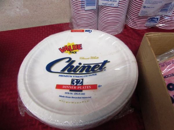 332 PAPER OR FOAM PLATES, CUPS, NAPKINS AND 39  BARS OF SOAP