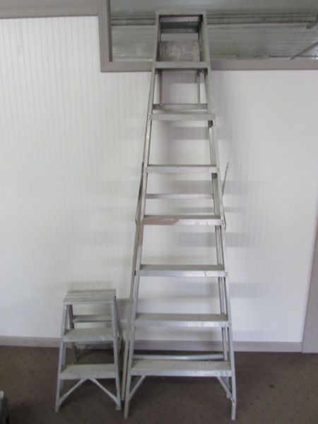 ONE 8 FOOT ALUMINUM LADDER AND 3 FOOT SMALLER STEP LADDER