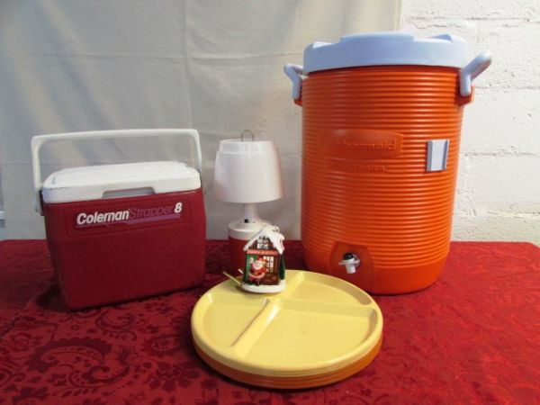 COLMAN COOLER, RUBBERMAID INSULATED DRINK CONTAINER & . . . 