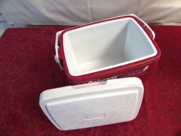 COLMAN COOLER, RUBBERMAID INSULATED DRINK CONTAINER & . . . 