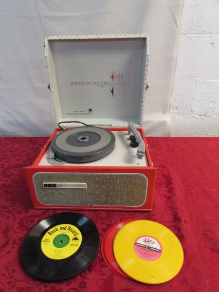 VINTAGE WESTINGHOUSE PORTABLE RECORD PLAYER & RECORDS