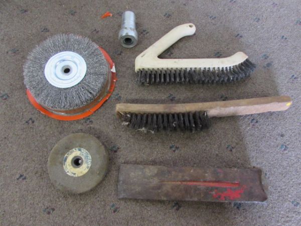 GRINDING WHEELS, WIRE BRUSH & TOOLS LOT