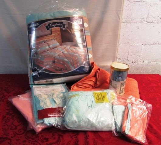 NEVER USED QUEEN COMFORTER, LARGE MATCHING BATH TOWEL & MORE