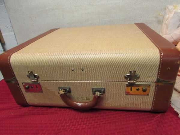 VINTAGE SUITCASE WITH TRAVEL KIT, GOWN, TRAVEL SUIT, GLOVES & MORE
