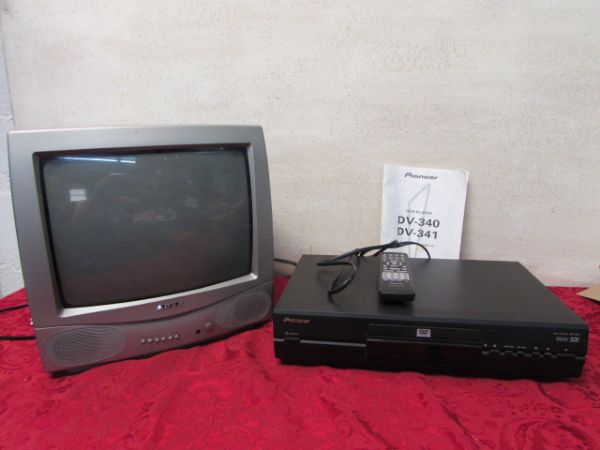 PIONEER DVD PLAYER, 13 APEX TV & A NICE SELECTION OF DVD'S