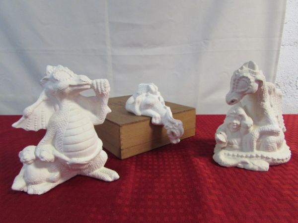 CERAMIC U-PAINT FIGURINES- DRAGONS, DOLL HOUSE BENCHES & MORE
