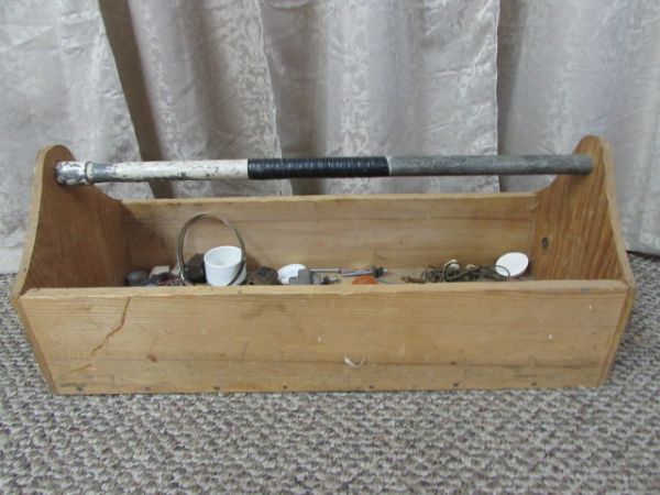 CARPENTERS TOOL BOX WITH TOOLS & HARDWARE 