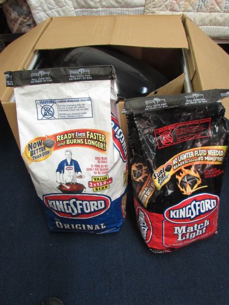 NEVER USED KETTLE BARBECUE & TWO UNOPENED BAGS OF KINGSFORD CHARCOAL