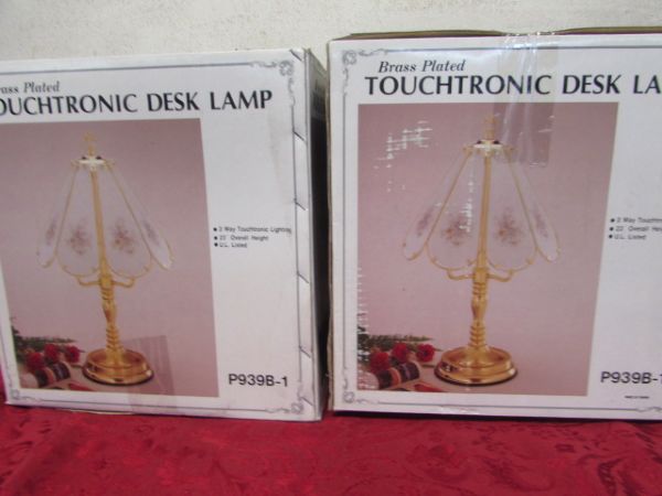 TWO UNUSED BRASS PLATED TOUCHTRONIC DESK LAMPS