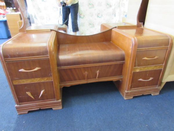 ART DECO  WOOD WATERFALL VANITY WITH BENCH -  VERY HARD TO FIND PIECE