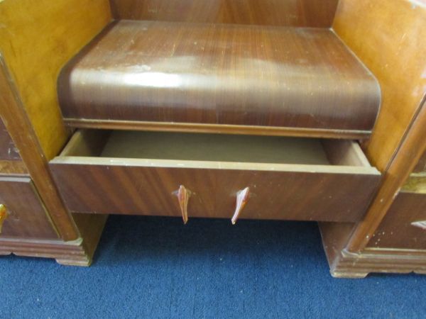 ART DECO  WOOD WATERFALL VANITY WITH BENCH -  VERY HARD TO FIND PIECE