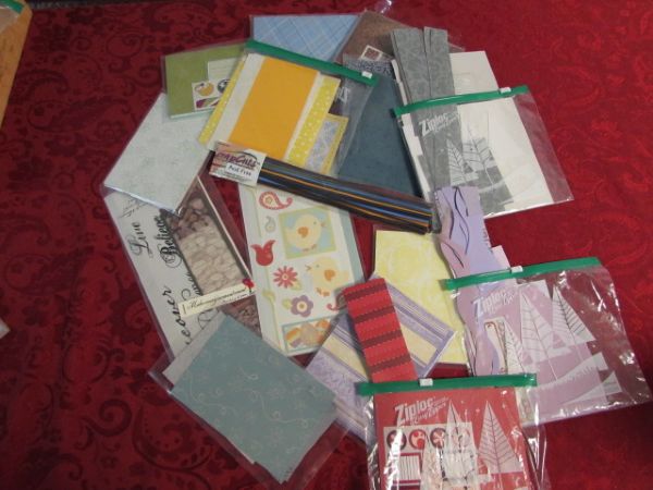 A TON OF NICE SCRAP BOOKING SUPPLIES WITH STAMPS, BORDERS CARD STOCK, MATS & BASKETS